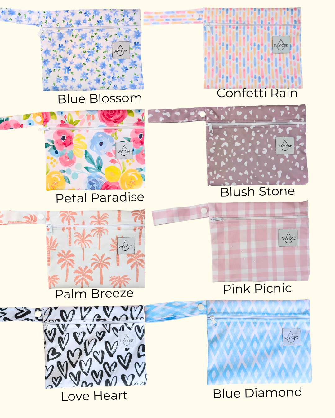 8 reusable wet bag designs to choose from: blue blossom, confetti rain, petal paradise, blush stone, palm breeze, pink picnic, love heart, and blue diamond. perfect for extra storage in your period kit.