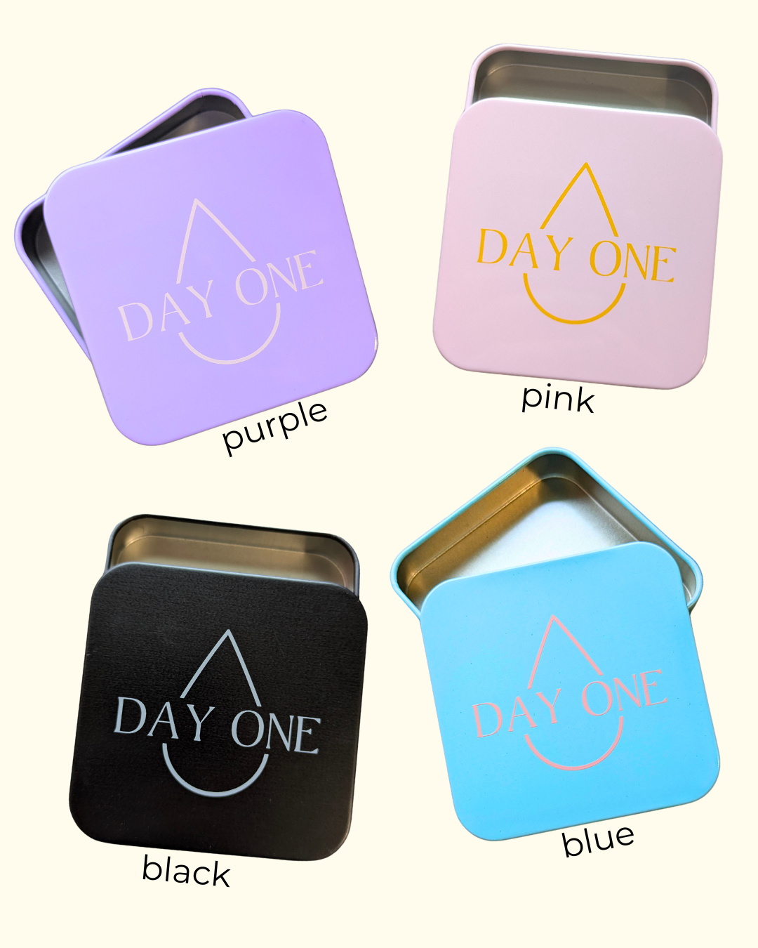 The pill storage tins in purple, pink, blue, and black. perfect for storing pain relief in your period kit.